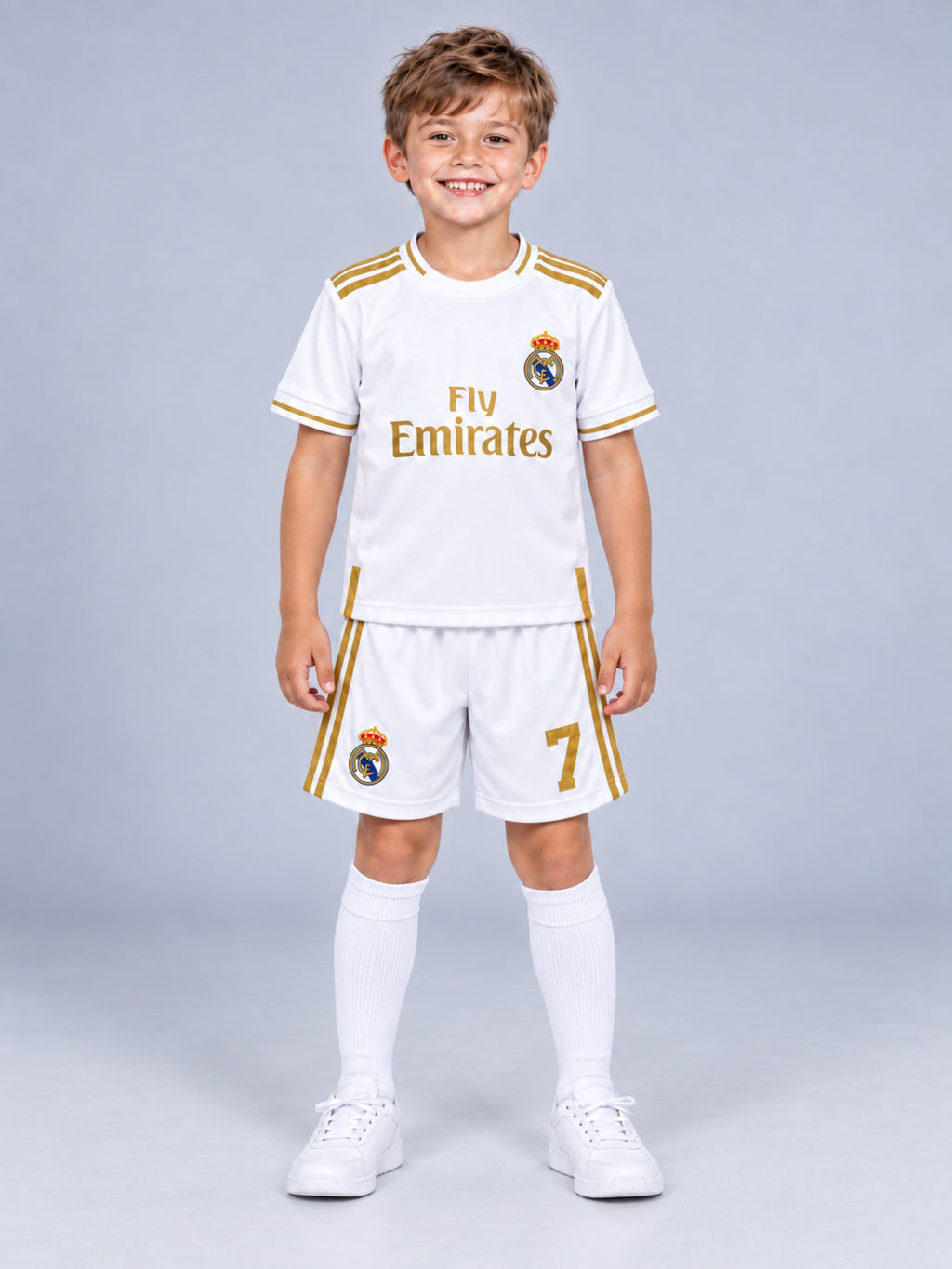 Kids Real Madrid Ronaldo #7 White & Gold Soccer Jersey & Shorts Set Youth Boys Girls
