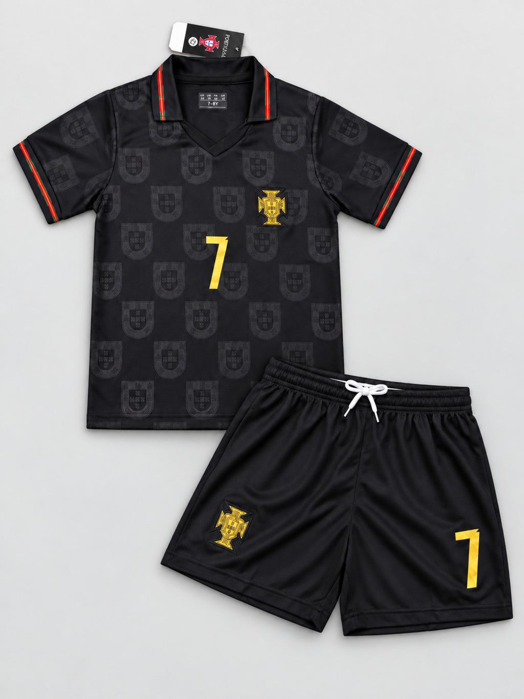 Kids Portugal Ronaldo #7 Black & Gold Soccer Jersey & Shorts Set Youth Boys Girls