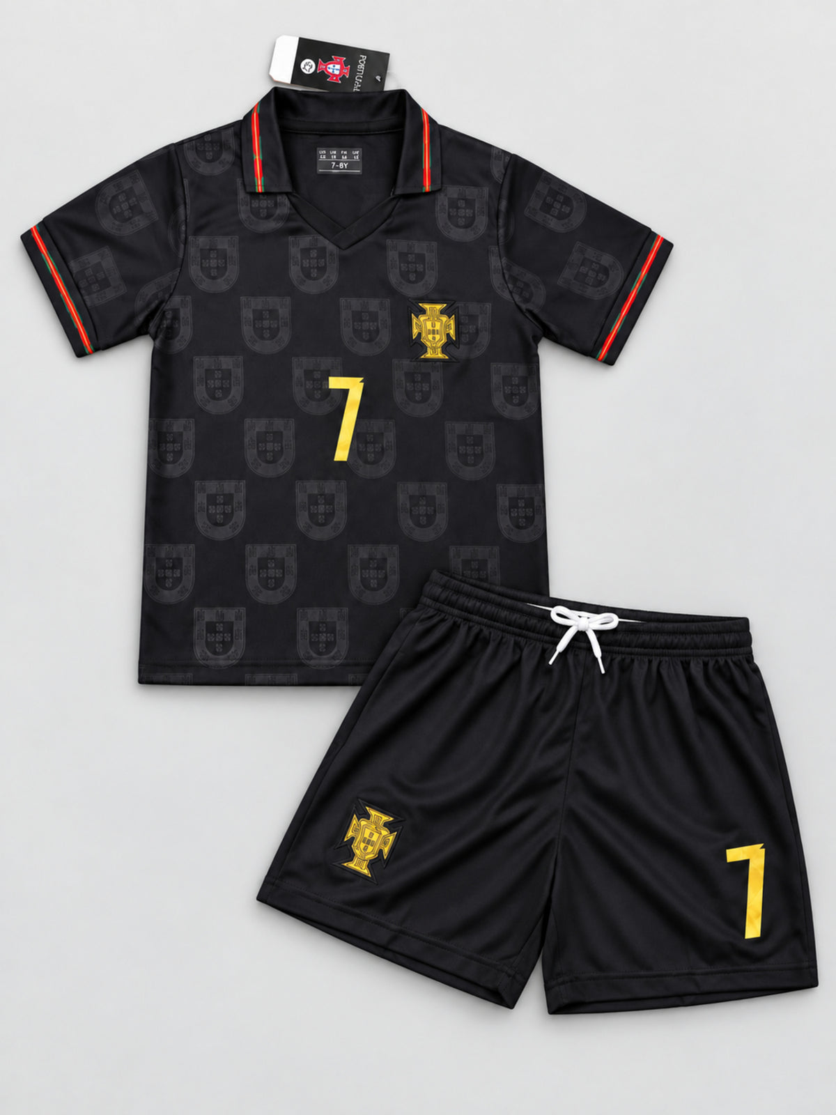 Kids Portugal Ronaldo #7 Black & Gold Soccer Jersey & Shorts Set Youth Boys Girls