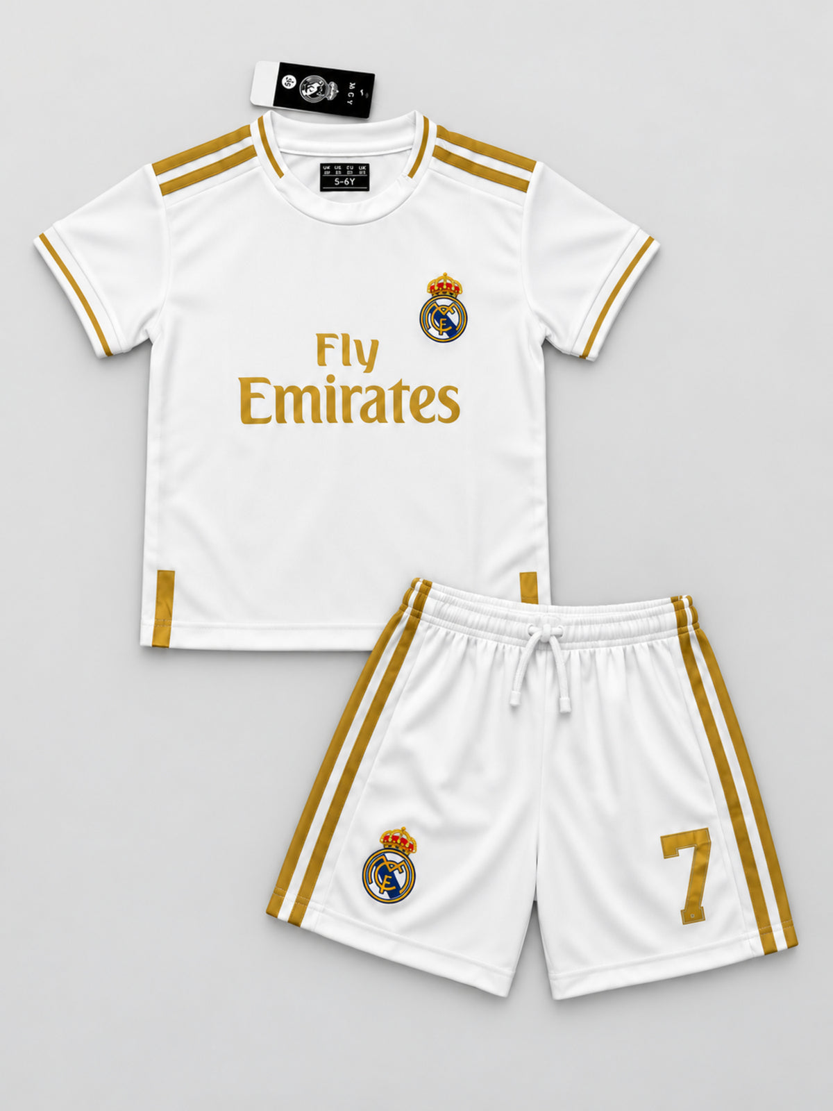Kids Real Madrid Ronaldo #7 White & Gold Soccer Jersey & Shorts Set Youth Boys Girls