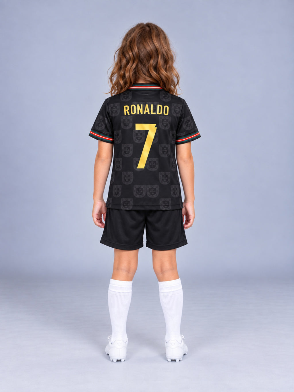 Kids Portugal Ronaldo #7 Black & Gold Soccer Jersey & Shorts Set Youth Boys Girls