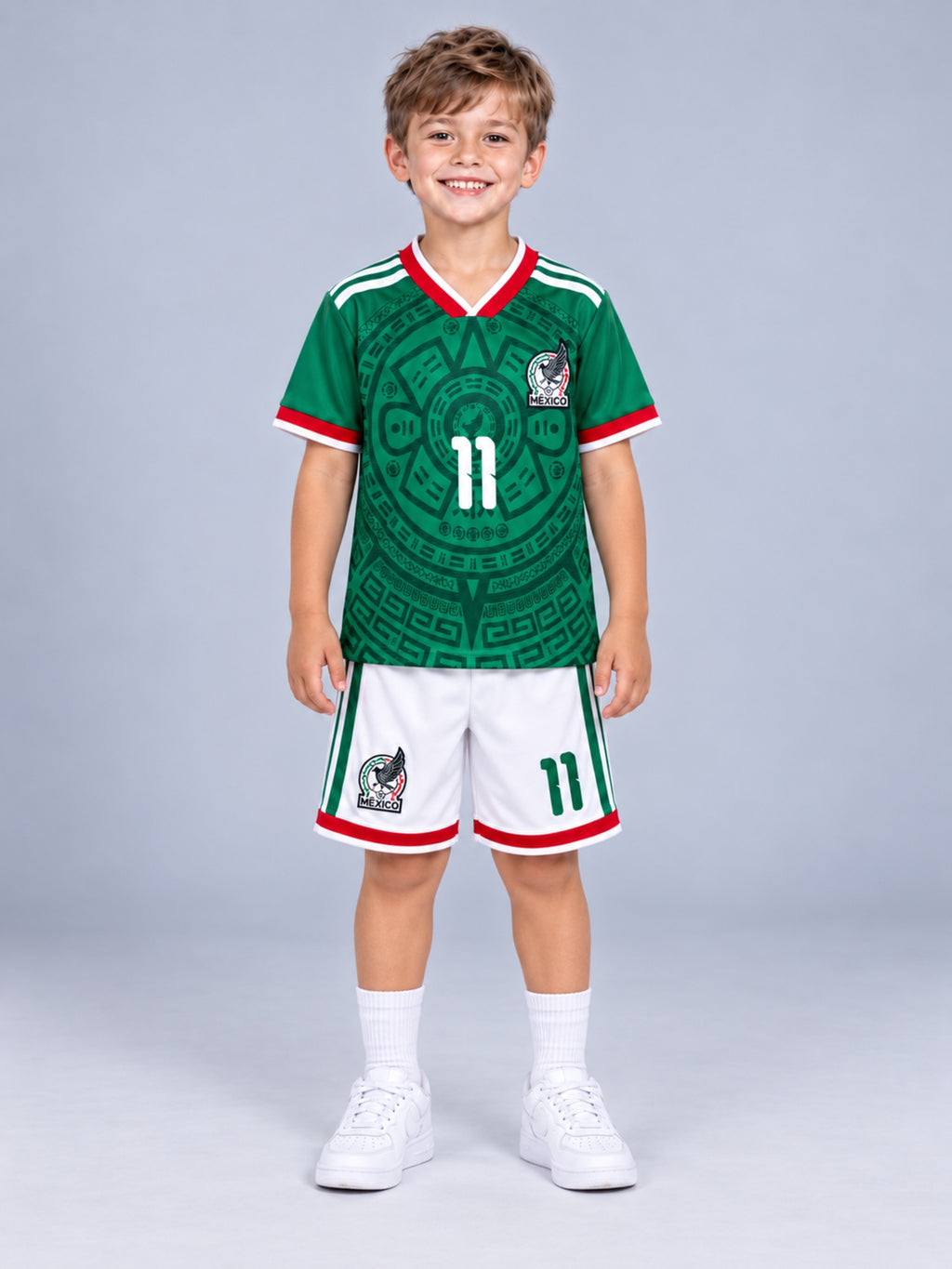 Kids Mexico Santiago Gimenez #11 Green Soccer Jersey & Shorts Set Youth Boys Girls
