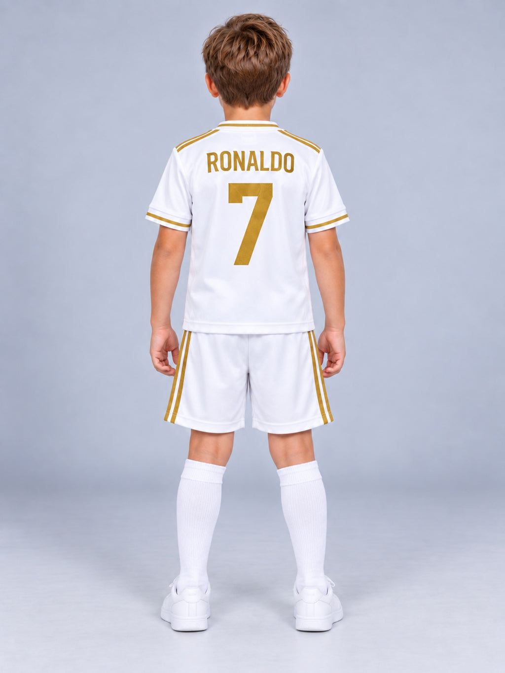 Kids Real Madrid Ronaldo #7 White & Gold Soccer Jersey & Shorts Set Youth Boys Girls