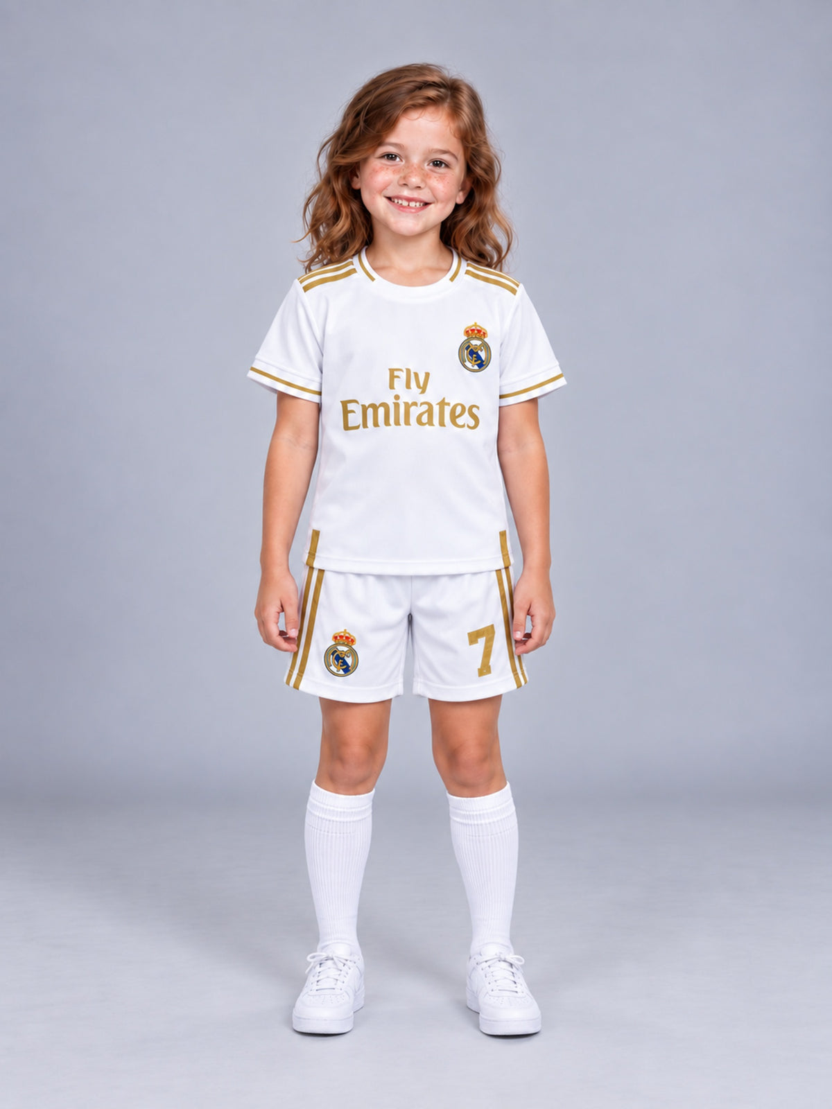 Kids Real Madrid Ronaldo #7 White & Gold Soccer Jersey & Shorts Set Youth Boys Girls