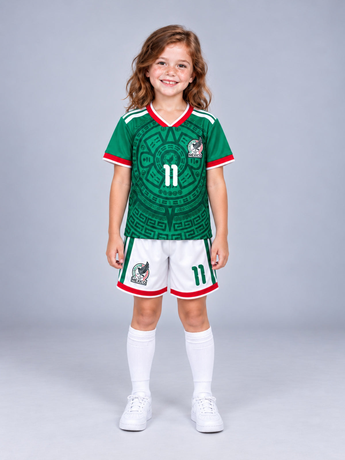 Kids Mexico Santiago Gimenez #11 Green Soccer Jersey & Shorts Set Youth Boys Girls