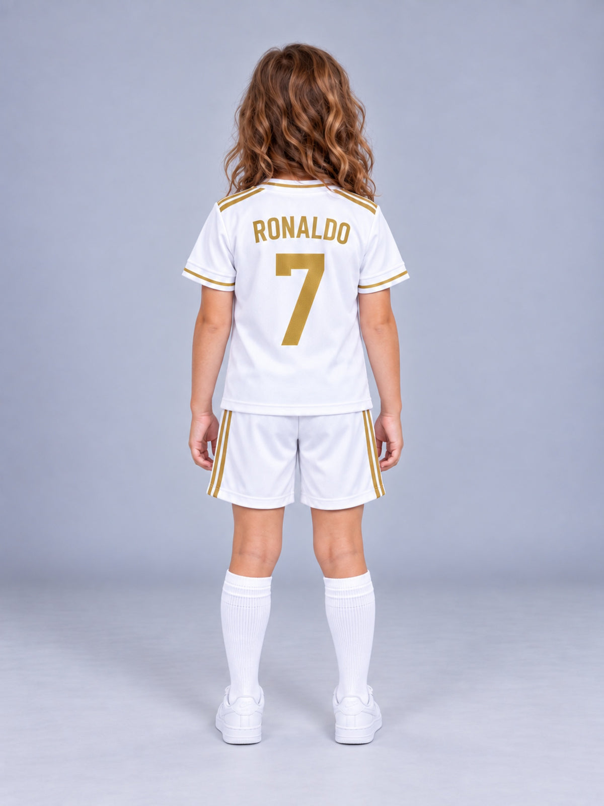 Kids Real Madrid Ronaldo #7 White & Gold Soccer Jersey & Shorts Set Youth Boys Girls