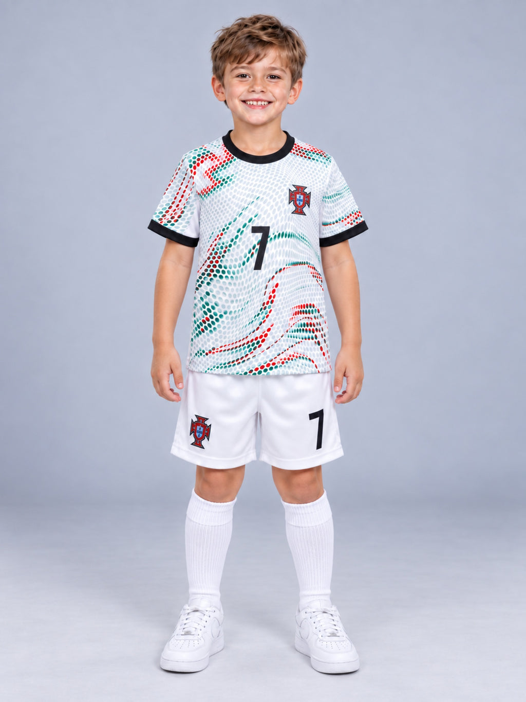 Kids Ronaldo Portugal #7 White Soccer Jersey & Shorts Set Boys Girls