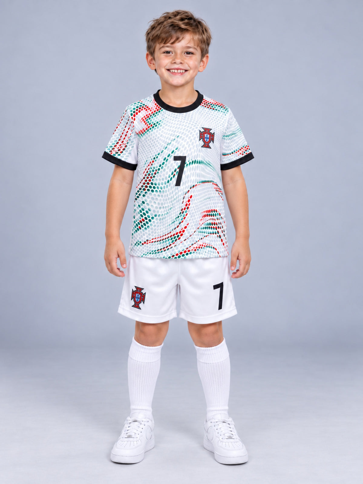 Kids Ronaldo Portugal #7 White Soccer Jersey & Shorts Set Boys Girls