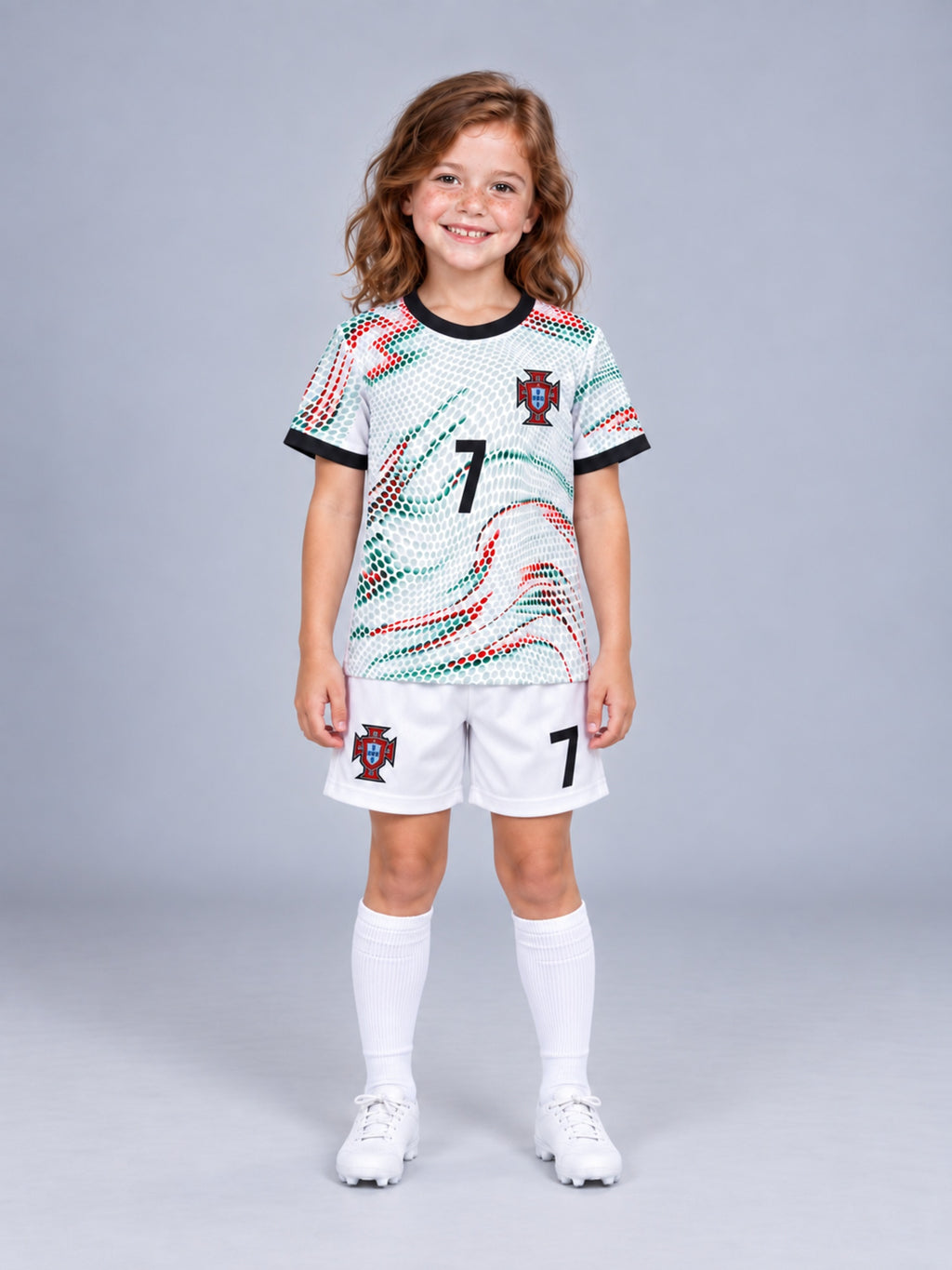 Kids Ronaldo Portugal #7 White Soccer Jersey & Shorts Set Boys Girls