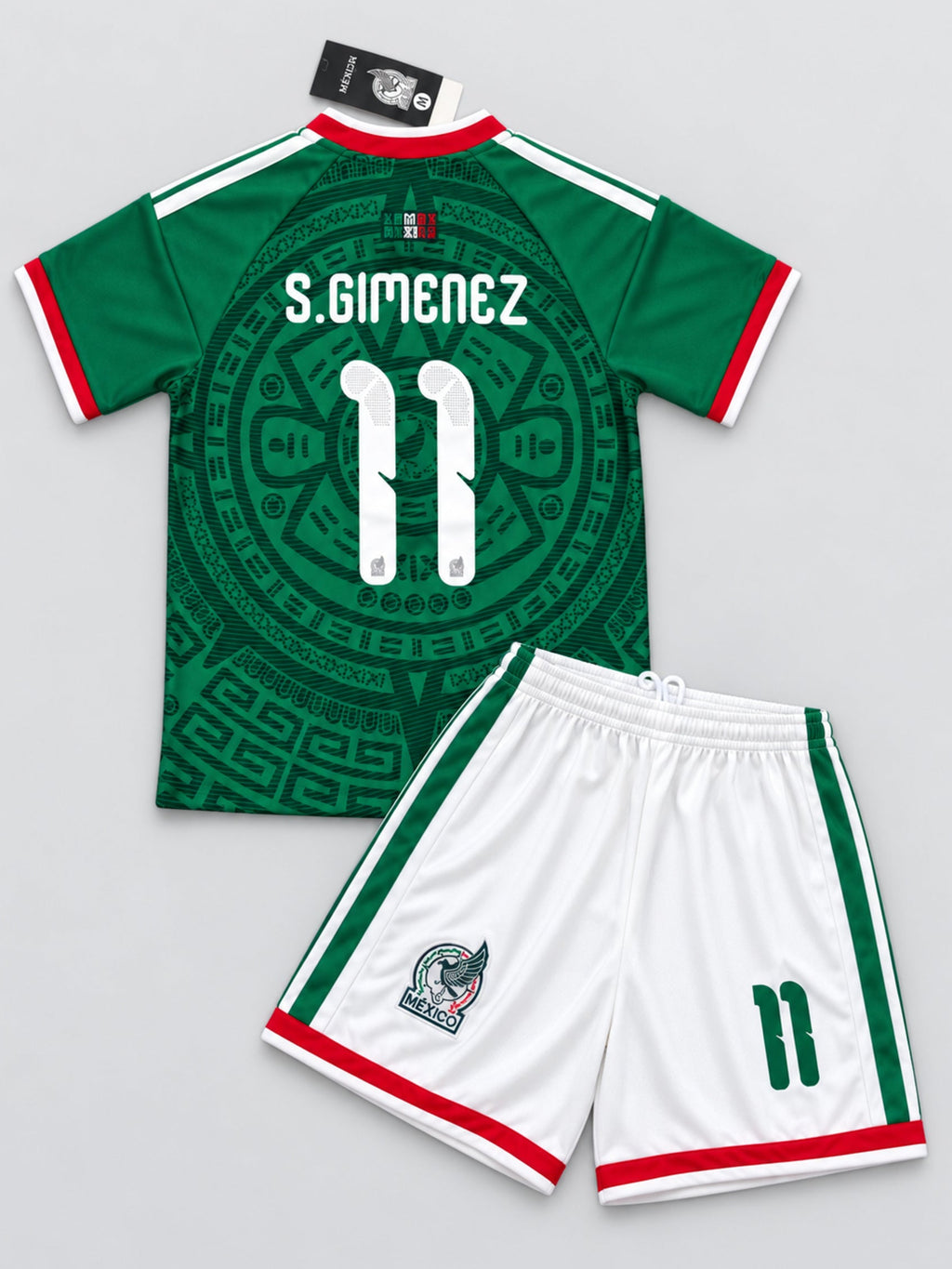 Kids Mexico Santiago Gimenez #11 Green Soccer Jersey & Shorts Set Youth Boys Girls