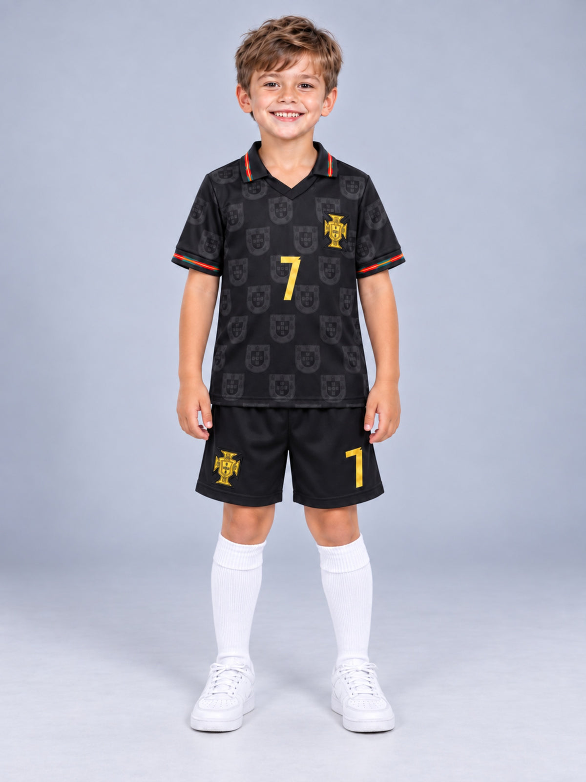 Kids Portugal Ronaldo #7 Black & Gold Soccer Jersey & Shorts Set Youth Boys Girls
