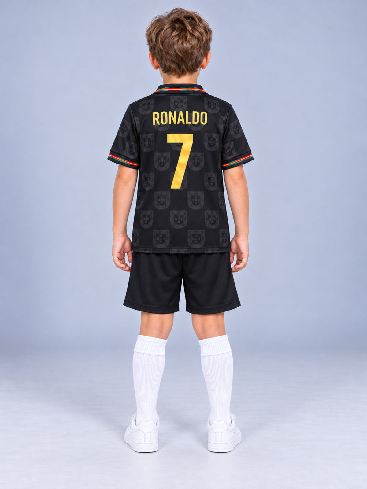 Kids Portugal Ronaldo #7 Black & Gold Soccer Jersey & Shorts Set Youth Boys Girls