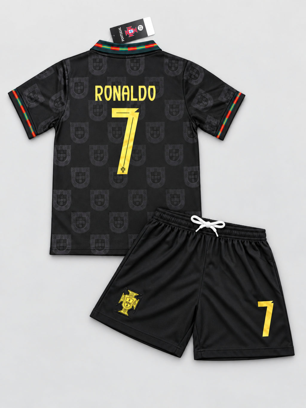 Kids Portugal Ronaldo #7 Black & Gold Soccer Jersey & Shorts Set Youth Boys Girls
