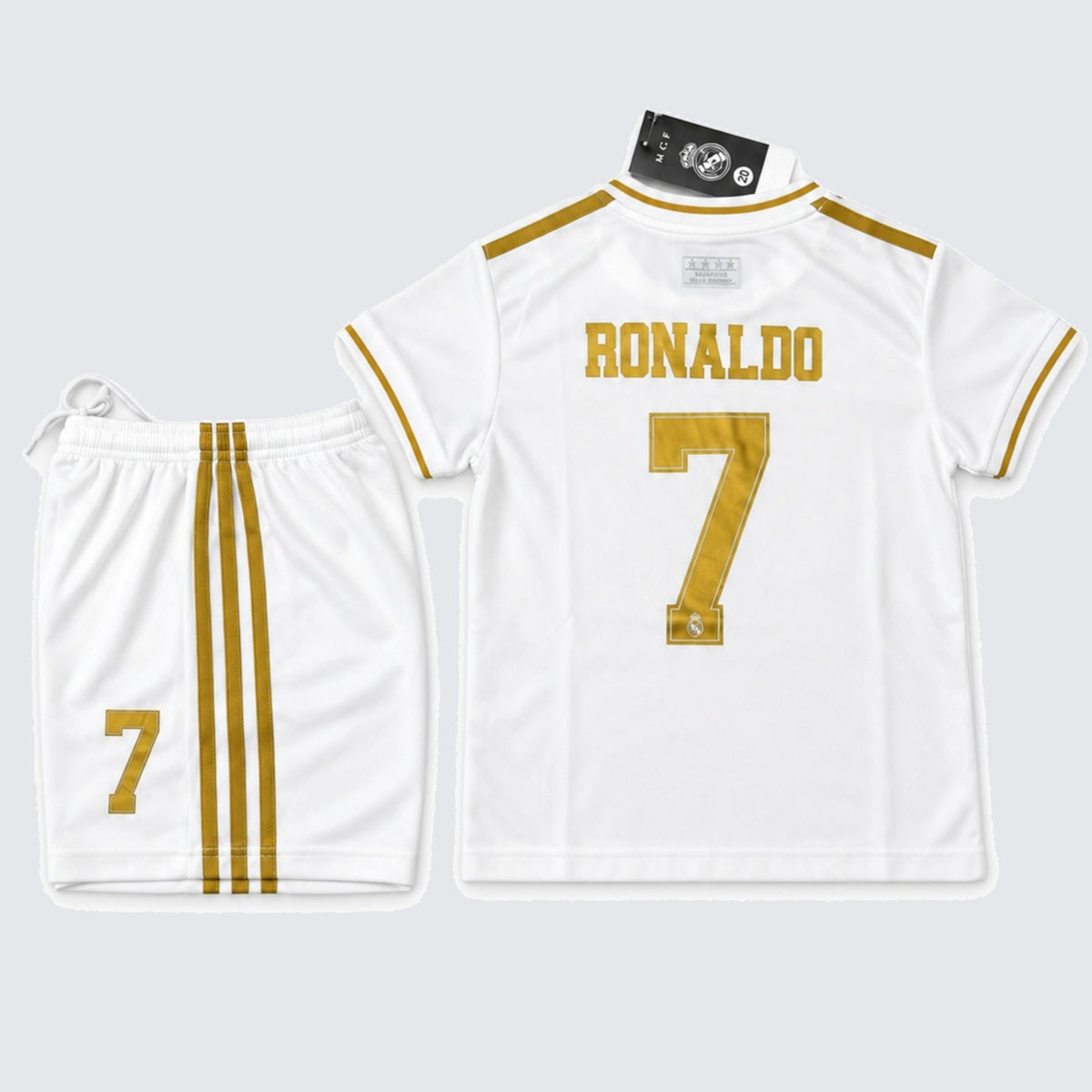 Kids Real Madrid Ronaldo #7 White & Gold Soccer Jersey & Shorts Set Youth Boys Girls