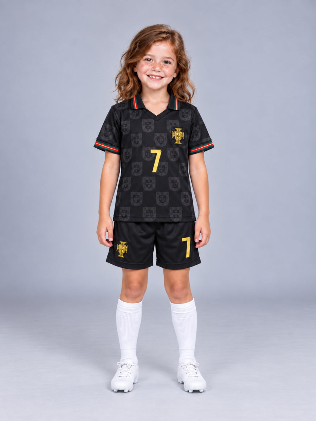 Kids Portugal Ronaldo #7 Black & Gold Soccer Jersey & Shorts Set Youth Boys Girls
