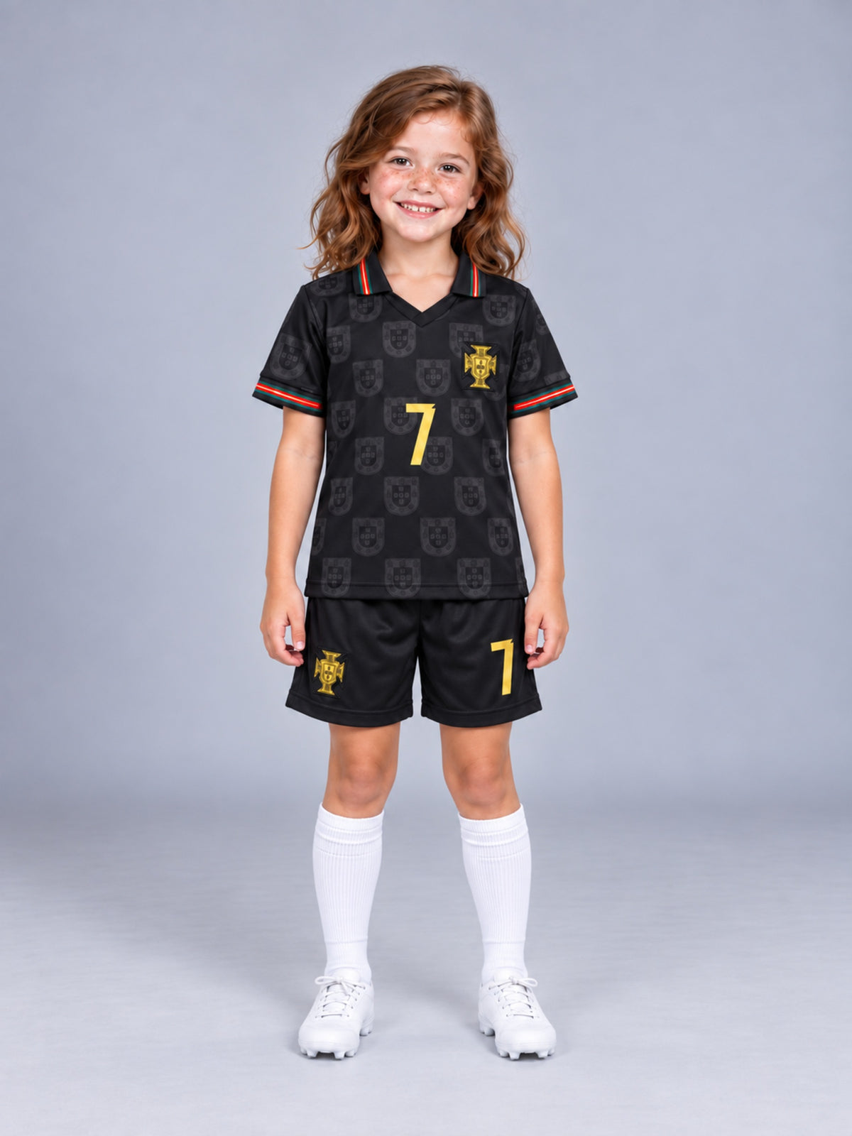 Kids Portugal Ronaldo #7 Black & Gold Soccer Jersey & Shorts Set Youth Boys Girls
