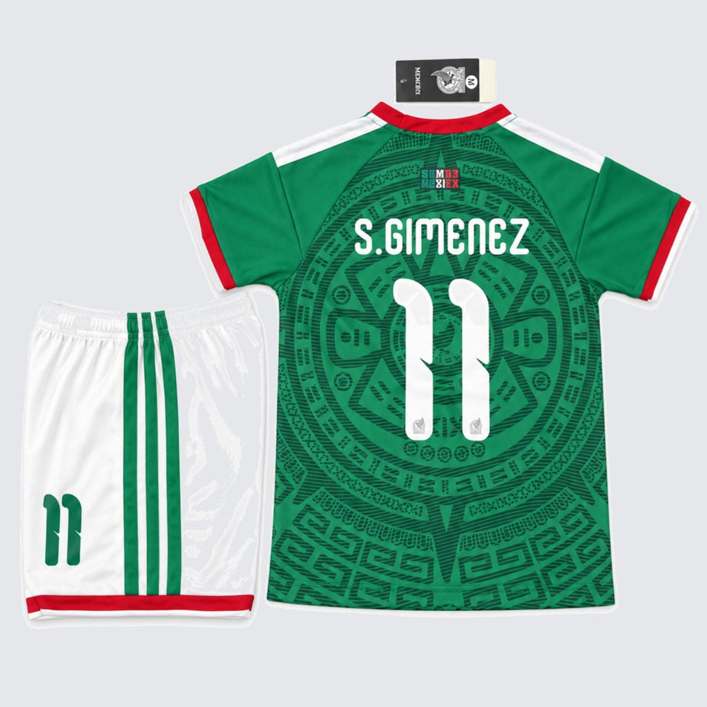 Kids Mexico Santiago Gimenez #11 Green Soccer Jersey & Shorts Set Youth Boys Girls