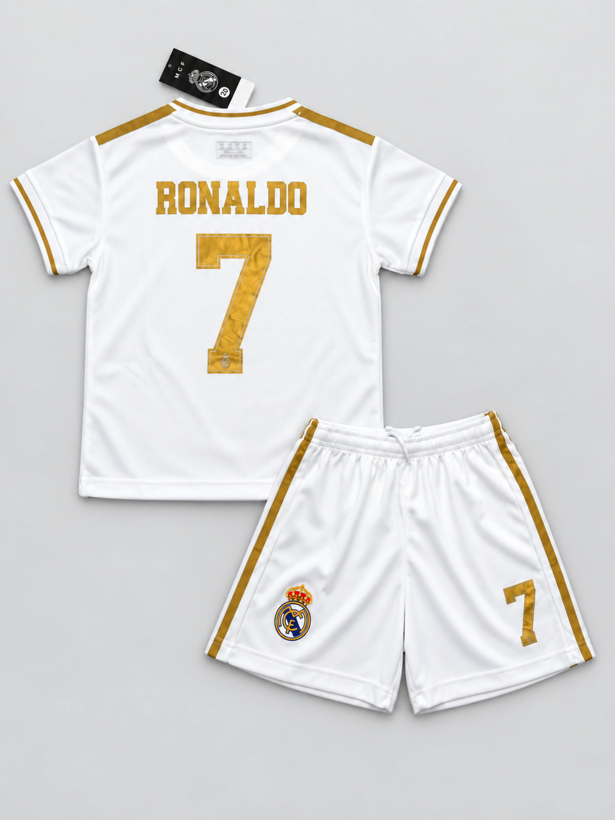 Kids Real Madrid Ronaldo #7 White & Gold Soccer Jersey & Shorts Set Youth Boys Girls